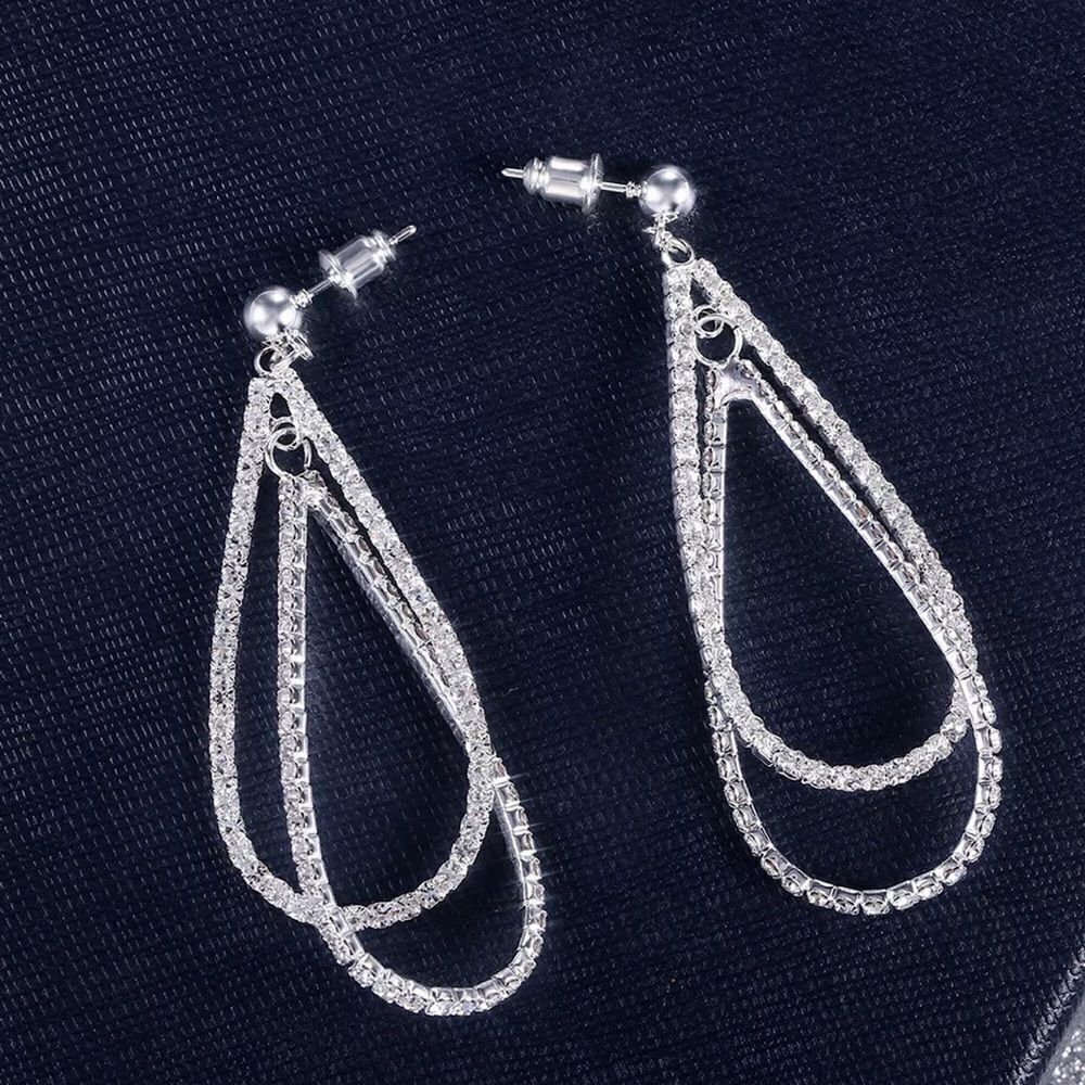 💎A118💎 STUNNING SILVER PLATED INLAID DIAMOND LONG DROP SHAPED EARRINGS